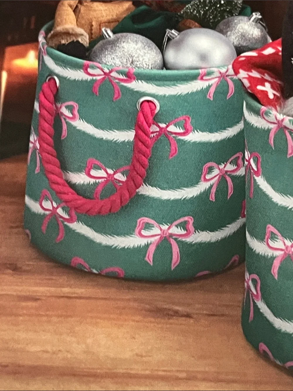 Merry Moments Green & Pink Holiday Canvas Bin - 2 Pack Rope Handles NWT